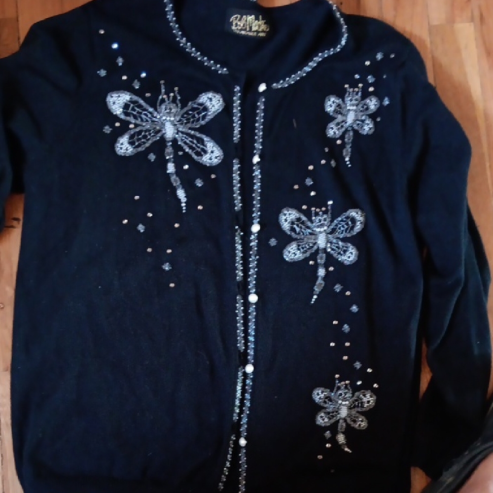 Bob Mackie Wearable Art Cardigan Sweater Dragonflies Black Size XL